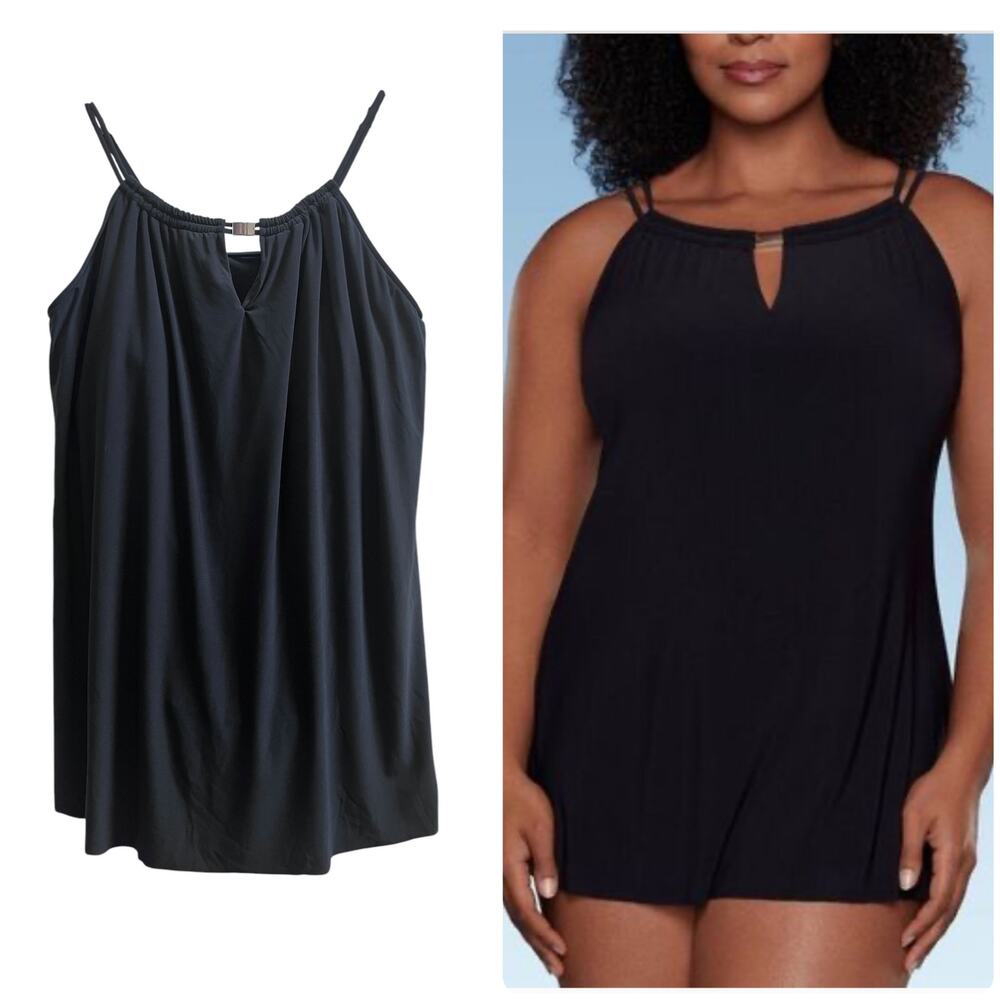 Aqua Green Black High Neck One Piece Attached Brief Swim Dress Plus Size 24 New